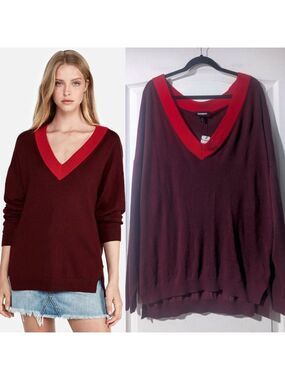 Express | Deep V Contrasting Sweater In Red/Burgundy